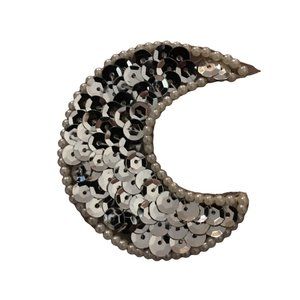 Sequin Moon Crescent Silver Bead Sew-On Patch Vintage
